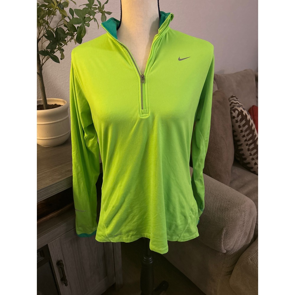 Nike Running Dri-FIT Womens Large Neon Lime Green Teal Quarter Zip Pullover L